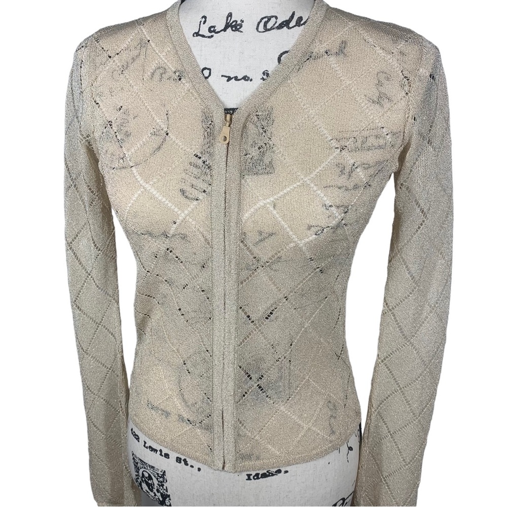 Vintage Free People Pointelle Knit Gold Metallic Mesh Zip Up Cardigan Coachella - Picture 4 of 12